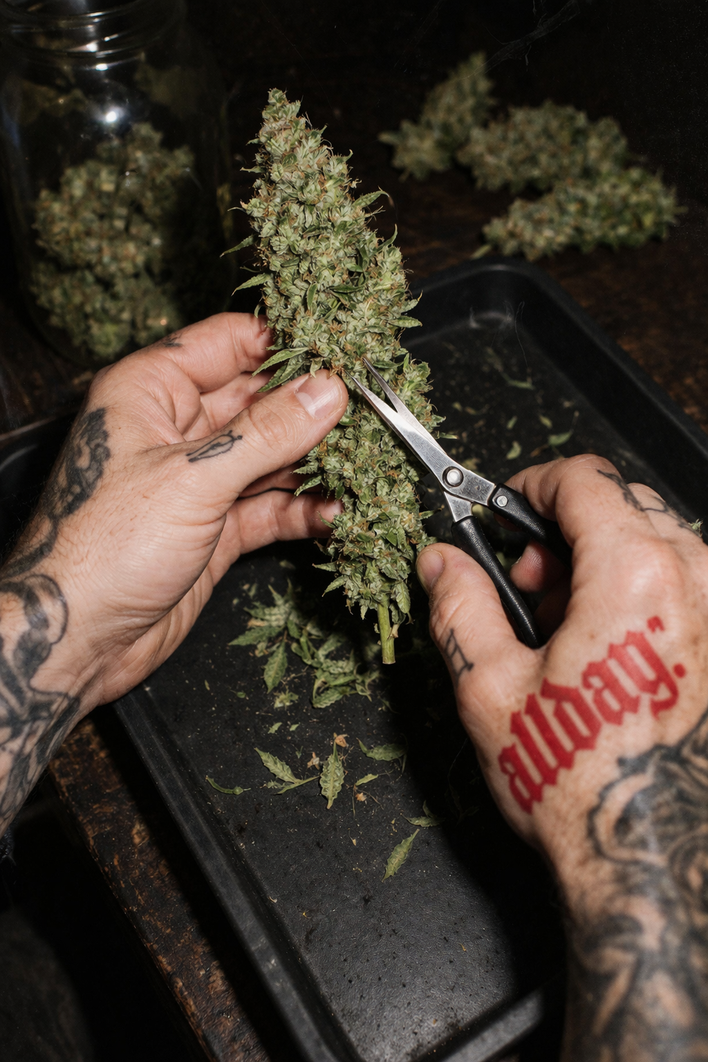 Tattooed hands trimming flower